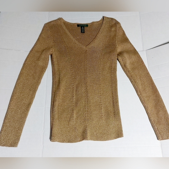 ⭐️3/$15 Lauren Ralph Lauren green label metallic gold holiday sweater shirt  Med - Picture 2 of 7